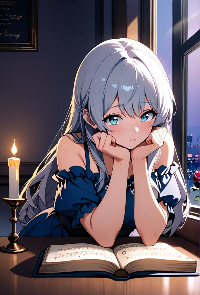 that girl's’s profession is a warrior. She has long white hair, Wearing a white robe, and black stockings. She has blue eyes and is shy, lying on the devil'Kissing the devil in bed.