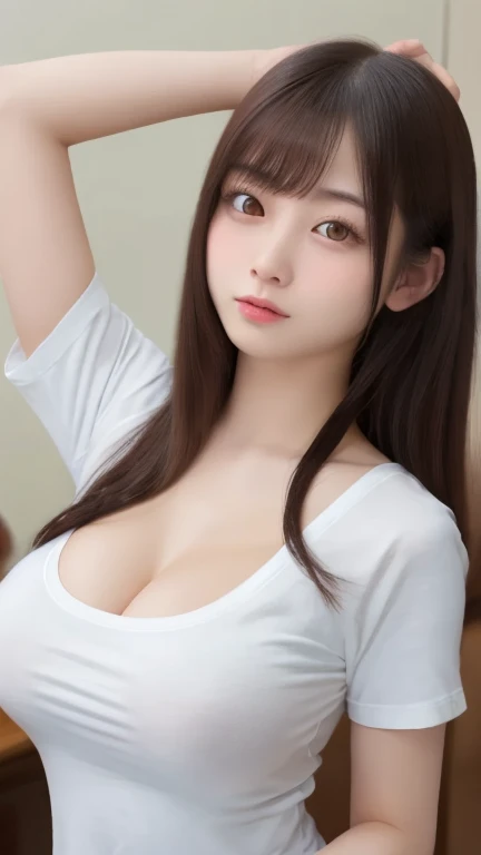 (highest quality、8K、masterpiece、High resolution、genuine、3D),Best Quality、15 years old, (cleavage), elementary school face,lolita,mascara, cute smile, loli, loli、bangs