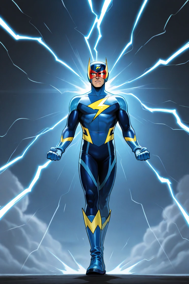 create for me a teenage superhero man in a white costume, blue and yellow details, the red cape and a blue mask that covers the eyes with golden lightning bolt ears as well as the lightning bolt symbol on the chest and fingerless gloves, russet hair, comic style