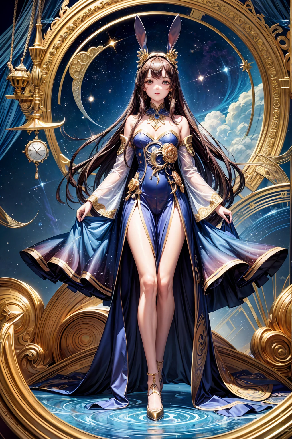 masterpiece，best quality，Ultra-high detail，Clear outlines,Outer Space,Star,Clock background,25 year old oriental beauty,long hair shawl,Light Armor,Walk through the stars