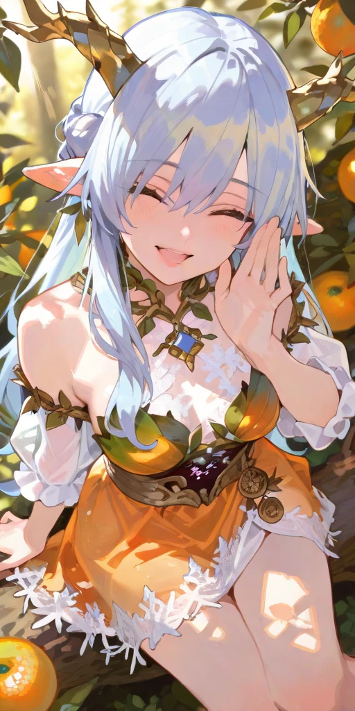 Style-SylvaMagic, award winning character concept art of a beautiful dryad sitting against a citrus tree, in a beautiful orange citrus grove, citrus fruit in trees, amazing body, smiling, happy, laughing, jubilant, light blue hair, golden horns, beautiful gossamer see through dress, blurry_background, breasts, smile, voluptuous, natural lighting, medium_breasts, lips, looking_at_viewer, solo, from above, highly detailed 8k character concept portrait studio lighting, sunlight, beautiful lighting,