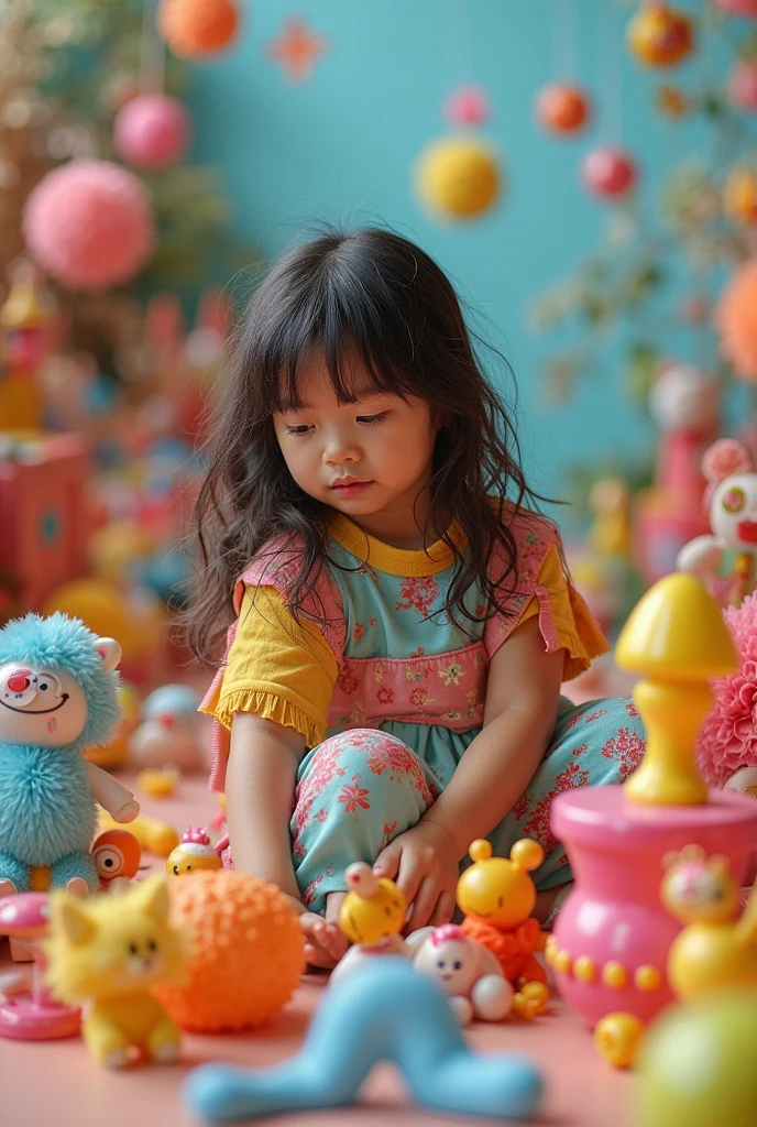 A 12-year-old girl holds a stuffed animal,Sit in a room full of toys,,cabelos preto e longos,cheerfulness,Rejoice,Perfect quality,Clear focus(Clutter - home:0.8), (tmasterpiece:1.2) (realisticlying:1.2) (Bokeh) (best qualtiy) (detailedskin:1.3) (complexdetails) (8K) (detailedeyes) (Sharp focus),(having fun)closeup cleavage