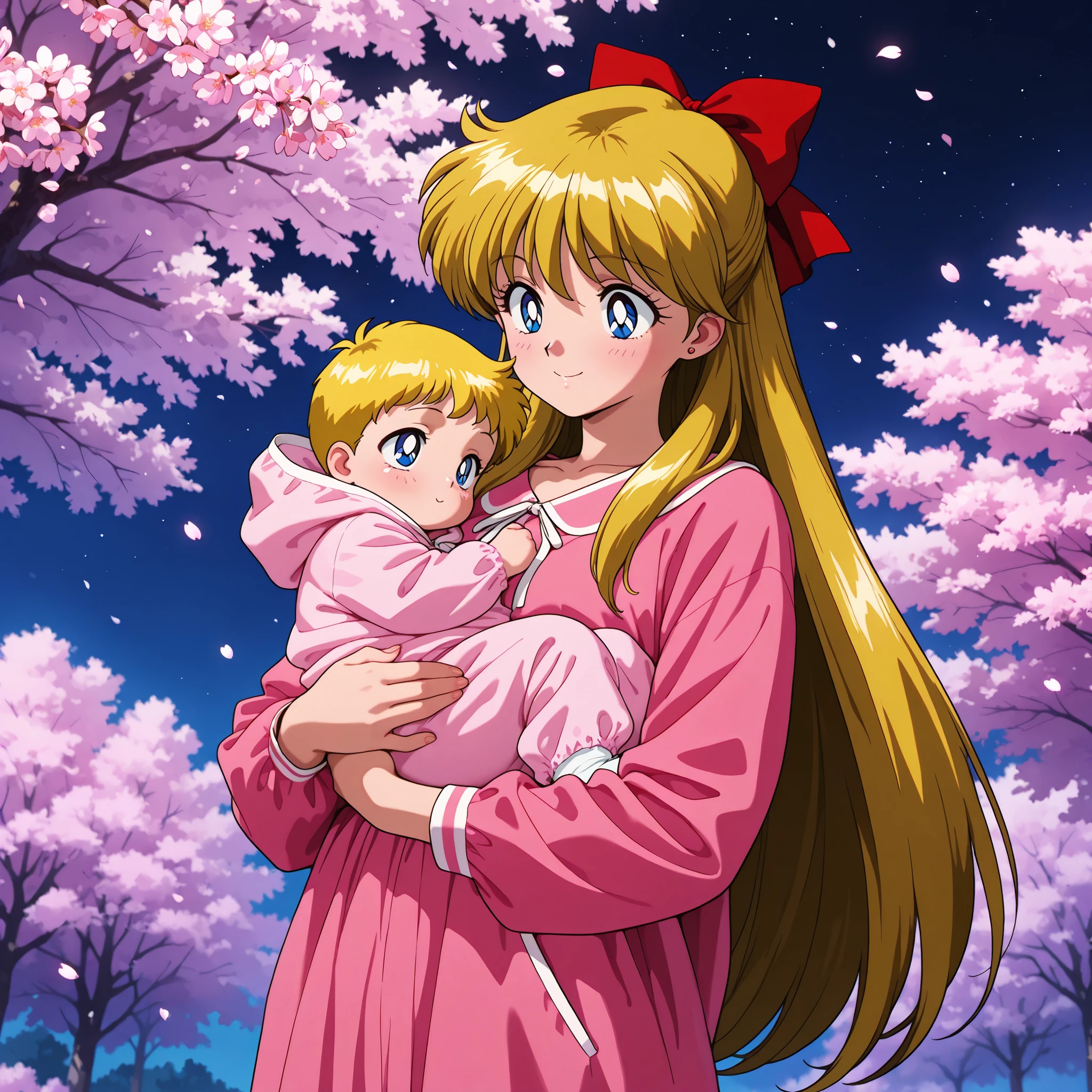 masterpiece, amazing quality, best quality, ultra-detailed, 8K, illustration, clear skin, ultra-detailed-eyes, soft skin, very awa, very as2, shiny skin, shiny hair, soft body, 90's style, official art, minako aino, blonde hair, blue eyes, hair bow, half updo, long hair, 1girl, new born, baby boy, 1 girl, solo, Best quality, masterpiece, High Definition, white cherry blossoms, smile, detailed background, intricate details, black night, pink casual wear, holding baby, Smile, cowboy shot, night