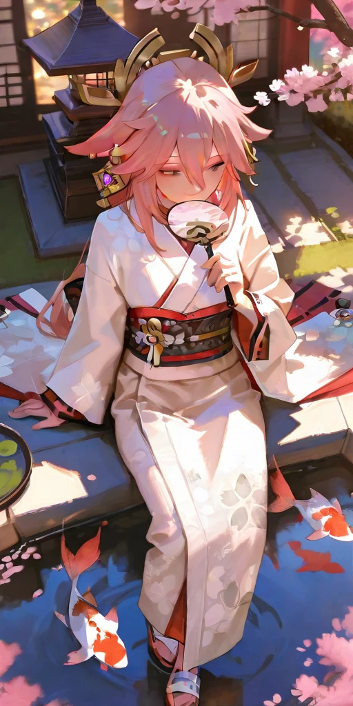 ((Highest quality)), ((masterpiece)), (detailed), One person, Off-the-shoulder sweater, Twelve-layered kimono、Light pink kimono、Back view、Lantern、Twilight、Tatami room、autumn leaves