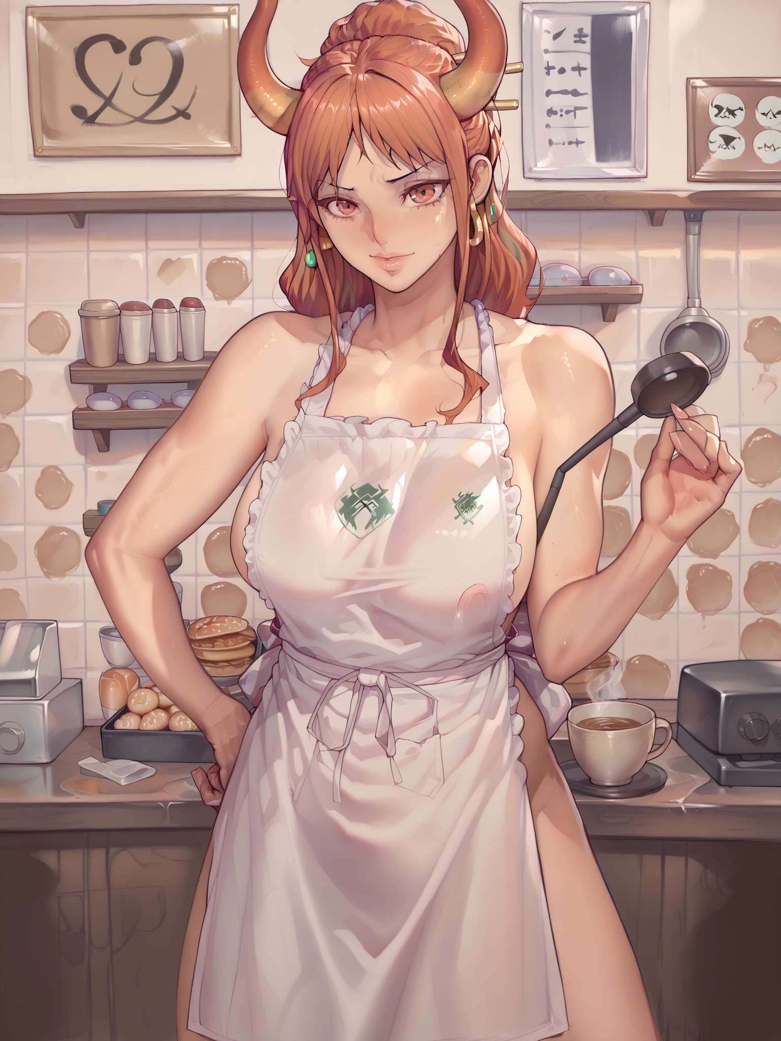 beautiful detail, highly detailed CG, detailed textures, realistic representation of faces, realistic, colorful, delicate , cinematic lights, side lights, lens flares, ray tracing, sharp focus, ((best quality, masterpiece, absurd, 8k)), (((Solo))), 1 mature maid, (((naked breasts))), ((shaved camletoe)), (Sit on the cupboard), ((((Hand takeing off apron)))), (thick body), (transparent white apron), (transparent an tight white pants), (((brown skin))), trending on artstationh, Intricate details, Highly detailed,, intricate face details, Curvy physique, (Thick body), at the kitchen, vibrant, 4K, Intricate details, big breasts enchanting, gorgeous body, Professional manufacturing, 12k resolution, (Seductive smile), Peach hair, bright Lime eyes.
