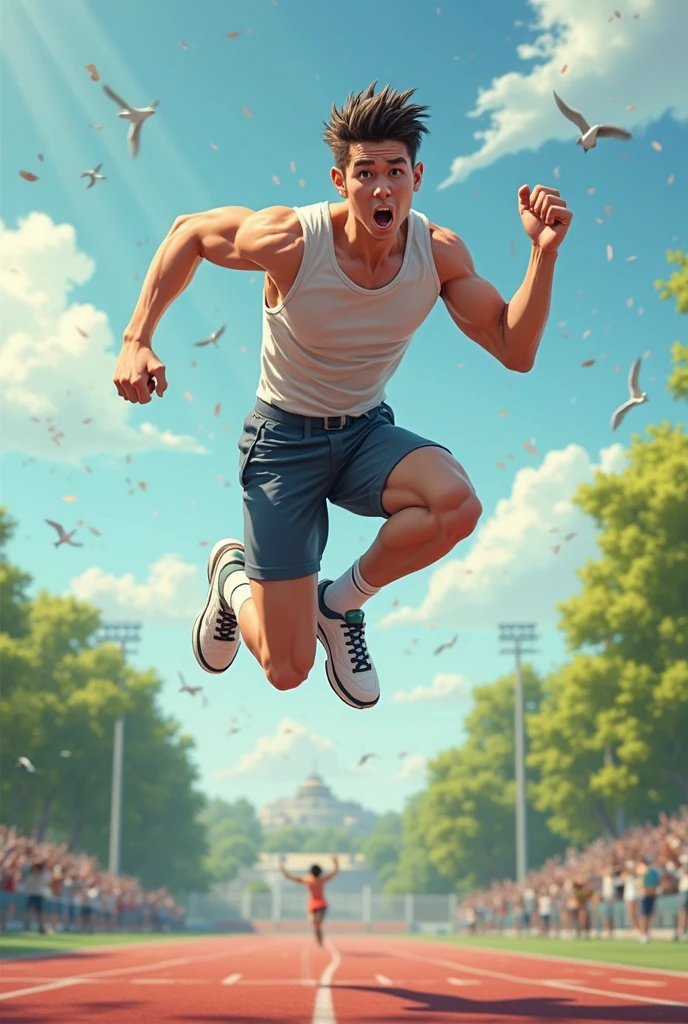 photorealistic, best quality, masterpiece, extremely detailed, sexy, homoerotic, extremely handsome, youthful, 25 year old muscular korean man, fair skin, (((muscular bodybuilder))), (((massive thighs))), wearing tank top and tiny shorts, round bubble butt, very sweaty, laughing, jumps up to catch a frisbee, front view, happy, at park, extremely romantic atmosphere, perfect face, perfect fingers, perfect hands, perfection