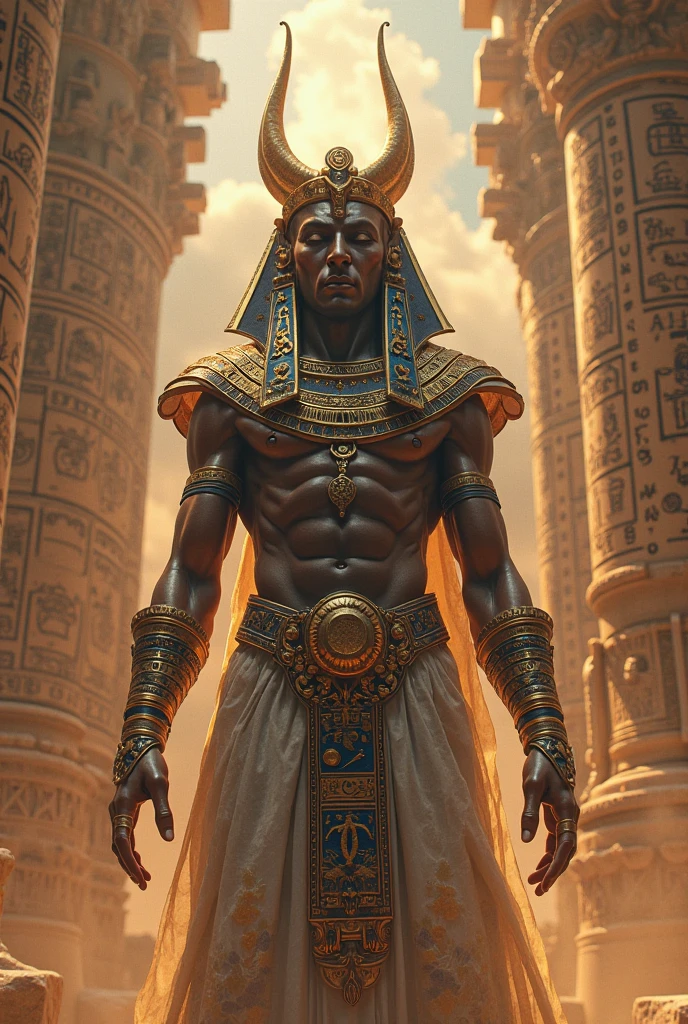ancient Egyptian Papyrus,mythical,richly textured background,pharaoh with a majestic headdress,ornate jewelry,elaborate hieroglyphics,golden embellishments,detailed carvings,lush and vibrant colors,soft and warm lighting,strong contrast between light and shadow,ethereal and mysterious atmosphere,sand dunes and palm trees in the background,grand and imposing architecture,exotic and ornamental patterns,elaborate winged creatures,enchanted and sublime aura,intense and captivating gaze,divine and god-like presence,grand scale and epic proportions,transcendent and mythical realm,impressive attention to historical accuracy,breathtaking beauty and intricate details of ancient Egypt. (best quality,4k,8k,highres,masterpiece:1.2),ultra-detailed,(realistic,photorealistic,photo-realistic:1.37),Egyptian mythology and legends,ancient gods and goddesses,temple of Karnak,sphinx and pyramids,royal chariot and horses,intriguing and mystical stories,an epic and awe-inspiring journey through the land of pharaohs.