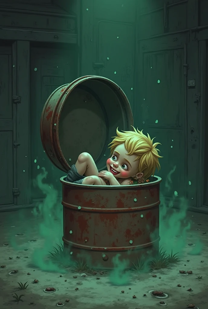 (anime, digital paint, 1 young boy trapped in a wooden cage, frightened expression, evil and creepy old woman stirring a bubbling cauldron, eerie green light illuminating the room, dark and twisted interior of the candy house, dark and ominous atmosphere with shadows dancing on the walls, walls made of gingerbread and candy, sweets and treats all around, sense of impending danger)