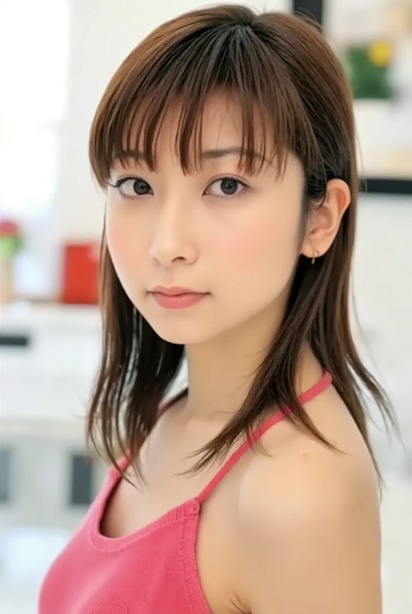 (mochida_kaori), solo girl, Beautiful Eyes, brown hair, (ponytail), (camisole), cowboy shot, (masterpiece), (best quality), (highly detailed), (extremely detailed CG), (high resolution), (4K), (8K), (beautiful face)、(very detailed image), indoor