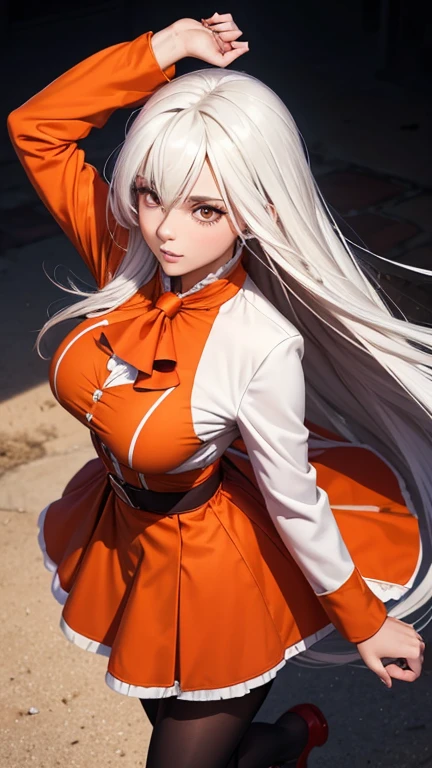 ,colorful,(masterpiece:1,2), Best quality, masterpiece, a high resolution, original, extremely detailed wallpaper, 1 girl ,smile,One, White hair, Blue eyes, original_outfits,Red Cape,White pants, gloves, breast, uniform, large breast