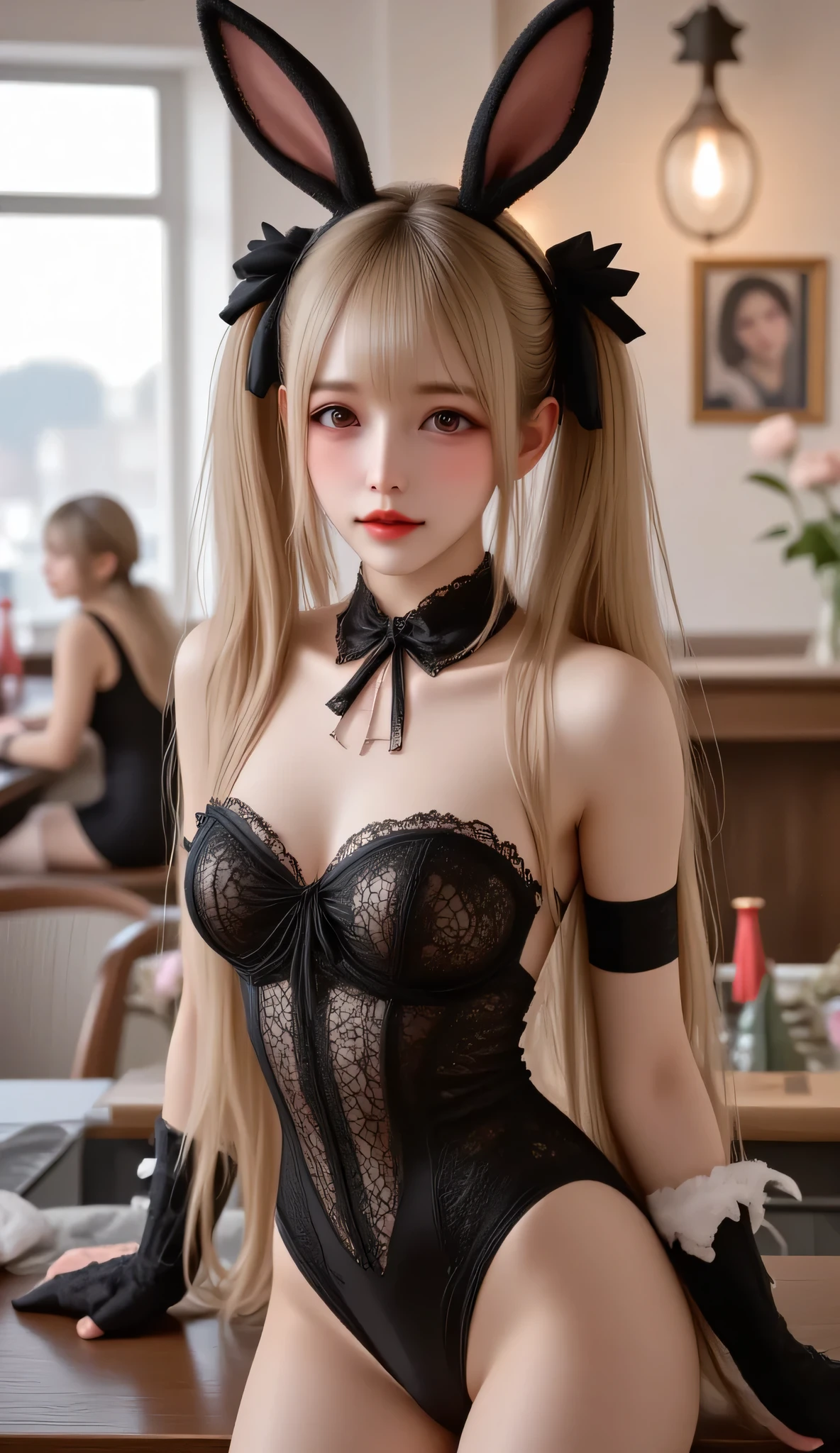 (Best Quality),(masutepiece), (hight resolution), Original, extremely_Detailed_Wallpaper, ((1womanl)), Sit one bar chair,(hair_ornament detached),Full body, Beautiful_Detailed_Eyes, (Blonde_hair), long_hair, (long_Twintail SL), Plata_Eyes, (Seductive_Smile), ((Delicate_Face)), Off_Shoulder, See-through body stockings, Black_pantyhose, Full body tights,high_heels,a bar counter, ((shiny_skin:1.2)),(full_Body)