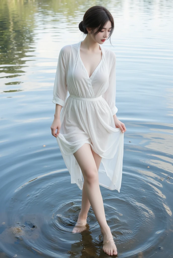 (masterpiece, 8k, best quality:1.2), in the fountain, solo, outdoor, 1girl, 27 yo european, pale skin, smile, looking at viewer, sun dress, woolen cardigan, hat, wet clothes, soaked, wet hair, wet skin, translucent, bright sunshine, soaked heavy clothes
