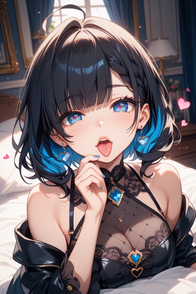 handjob,side view,eye-level shot,face focus,open mouth,tongue out,cum on tongue,lick,(1girl,Beautiful 16 year old girl),((Slender,Small breasts,Baby Face,Small face,)),looking at viewer,Black Hair,bangs,two side up,Gray Eyes,Drooping eyes,slit pupils,narrow eyes,A see-through black and blue negligee,Sexy Lingerie,Black collar with leash,Beautiful and detailed anime art,Mischievous smile,Dimly lit room,Simple Background,Gray background,Low lighting