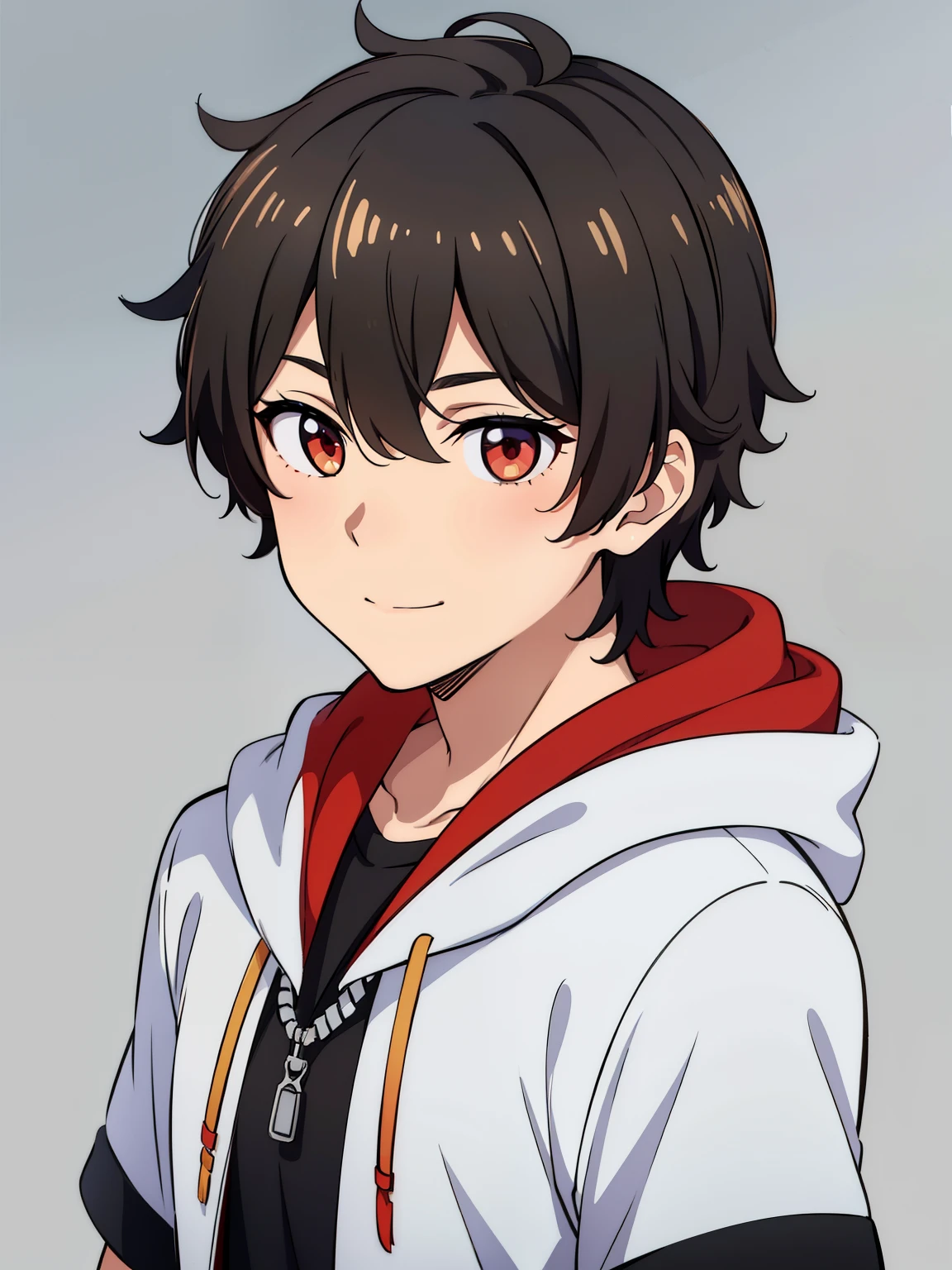 (high-quality, breathtaking),(expressive eyes, perfect face) portrait, 1boy, male, solo, young , black hair, red eye color, short hair length, soft wavy hair, cute smile, fluffy loose hair, side bangs, looking at viewer, portrait, medium full shot, happy expression, RWBY clothing, black hoodie, gold trim, white shirt, red, grey background, short sleeves