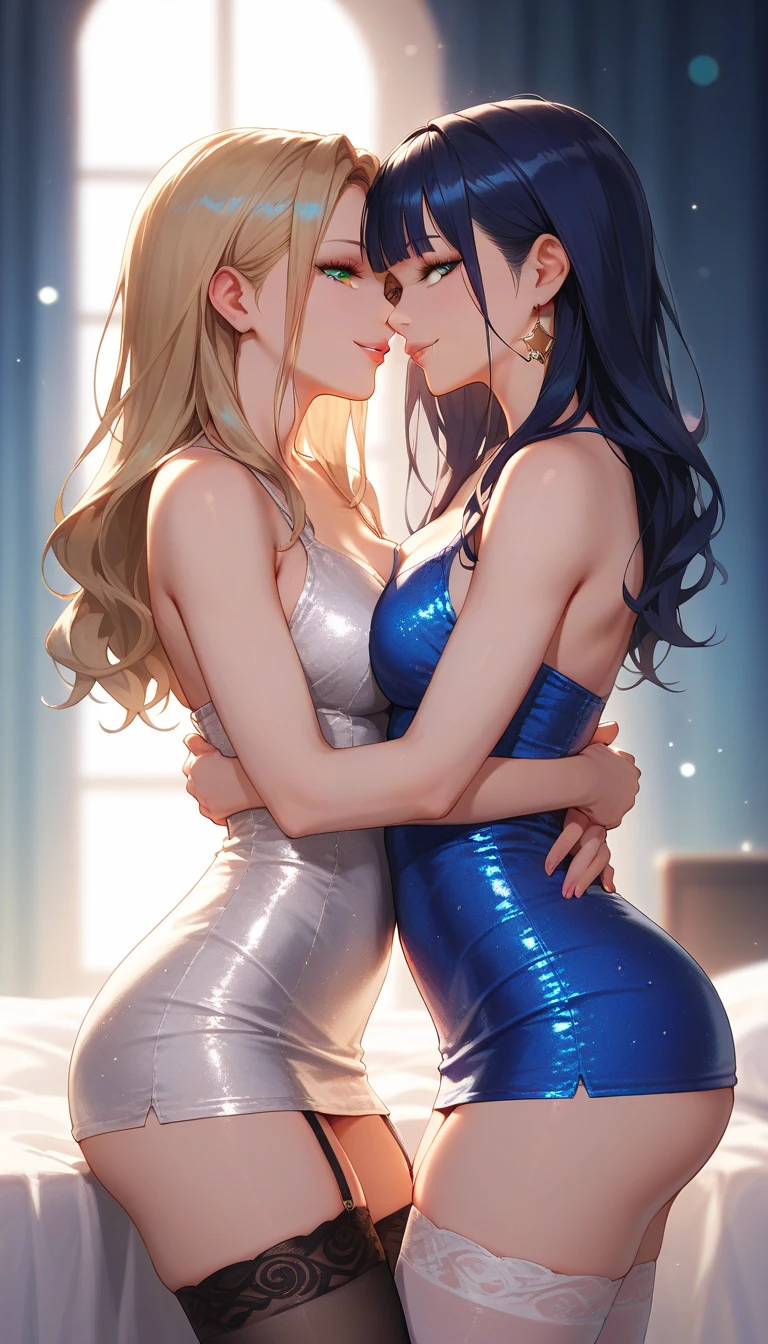 2 s, One is a redhead and the other has light brown hair with a beautiful blonde streak, an Asian woman., eyes locked, breasts big, (, Curvy hips, ), big-ass, thick-thighs, soft, waist long, fitted breasts, curvy accentuated booty, long messy hair, good, look of longing, , lying on a bed, kissing each other, natta, bokeh, realisitic, NSFW, without underwear with hand covering the intimate parts