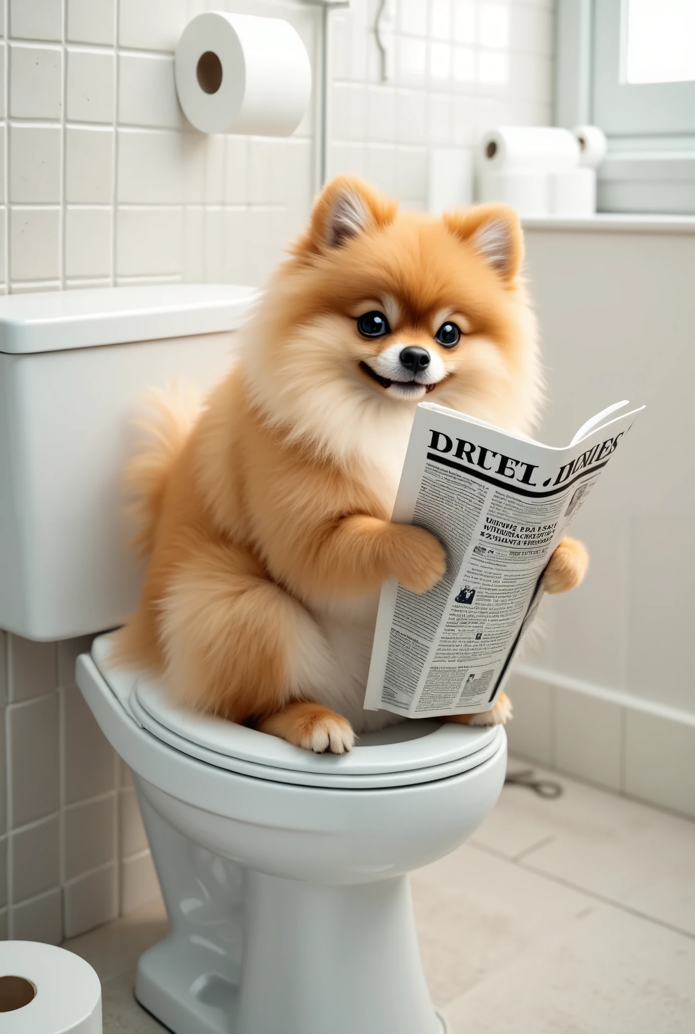 The scene where a Pomeranian is humorously sitting on a toilet seat, Reading a newspaper while holding it on her front foot. is set in a tiled bathroom with rolls of toilet paper hanging in the background. bathroom with a newspaper on her front foot, the atmosphere is bright and whimsical.