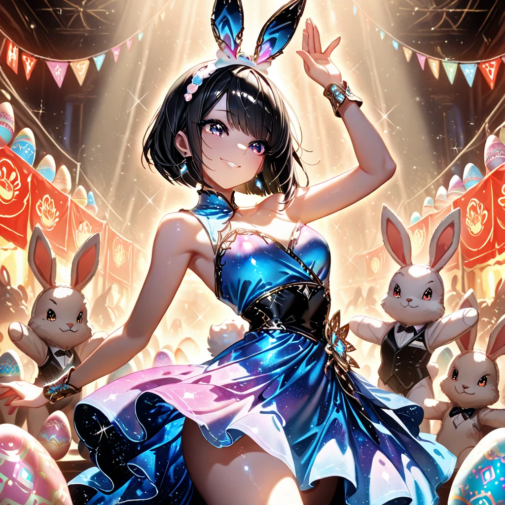 (Highest quality, 8k, 32K, masterpiece, Ultra-high resolution,:1.2),to be born, One Girl,So cute , Casino-like fantasy background, clear, Shining Eyes, Age 25 ,Fair skin, Purple hair, Fantasy Clothing,  Hair, An innocent smile, Small Dress, night, Bunny girl, Rabbit Ears,Nyan Nyan Pose,sexly,Colorful costumes,,Purple Hair