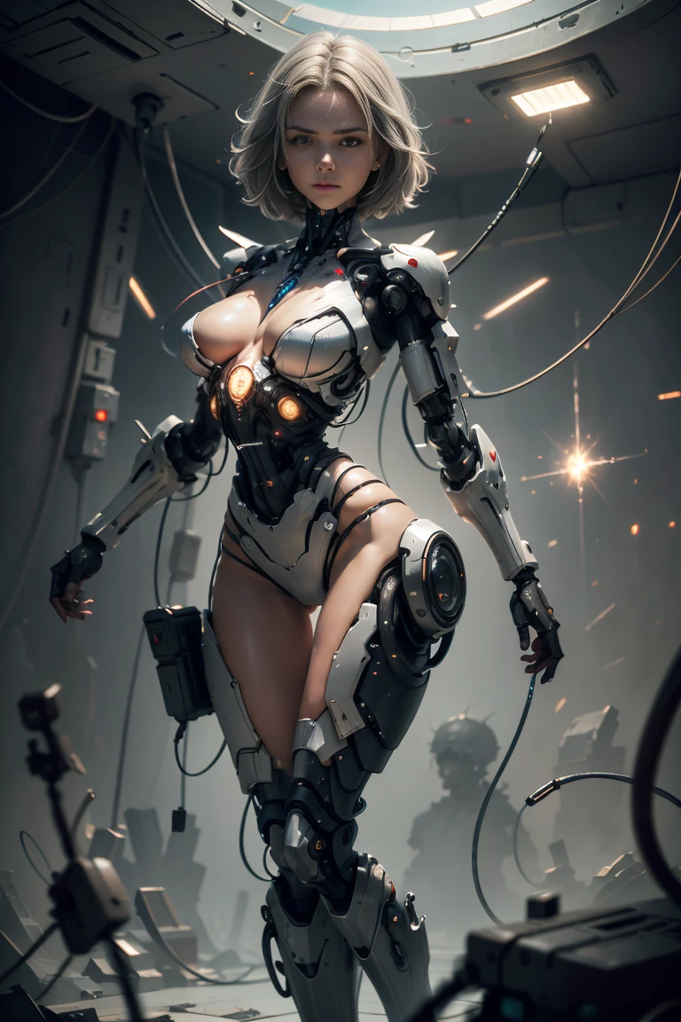 Beautiful cyborg woman with parts made of transparent glass showing her internal mechanical parts, angry look, short underwear, thick thighs defined body cybernetic prosthesis, ultrasharp, luminous paint, particles, flares, abstract renders 3d background