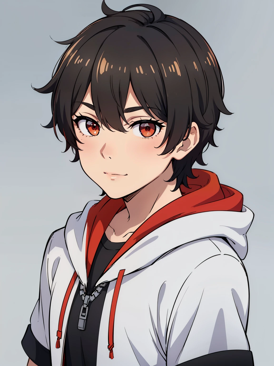 (high-quality, breathtaking),(expressive eyes, perfect face) portrait, 1boy, male, solo, young , black hair, red eye color, short hair length, soft wavy hair, cute smile, fluffy loose hair, side bangs, looking at viewer, portrait, medium full shot, happy expression, RWBY clothing, black hoodie, gold trim, white shirt, red, grey background, short sleeves
