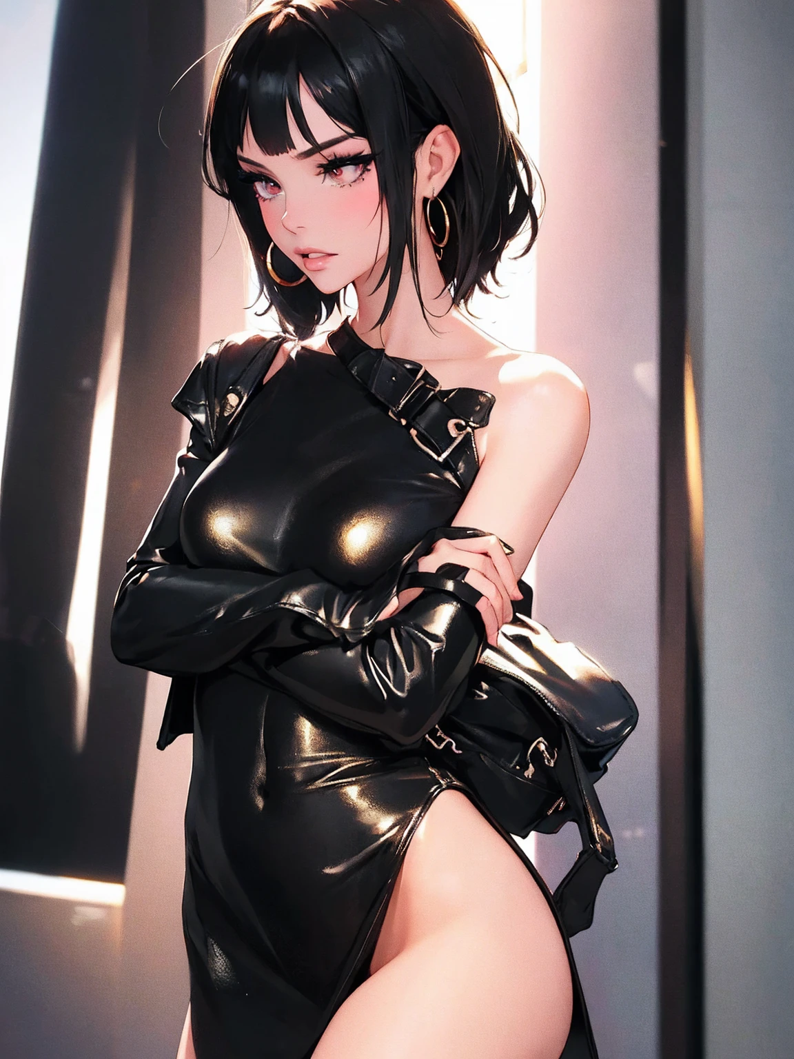Jinx, fleshy thighs, instagram pose，headphone e mascara neon, natta e ceu estrelado, neon lights, dynamic angle, show armpits, ((latex dress)), niplles, Cup C, happy expression, (Full-body image:1.5), (8K, best qualityer, A high resolution:1.35), (CRU photo:1.2), (photorrealistic:1.37), (work of art: 1.25), dramatic lighting, Photon mapping, symetry, Complexity, elegance, (1 girl), large breasted, long eyelashes, Detailed lashes, eye shadows, glare eyes, ((Make-up natural, clear facial features)), ((curvy build, showing stomach)), ((Beautiful, detailed eyes: 1.2)), Bad girl, Erotic, ((cyber punk, urban landscape, natta))