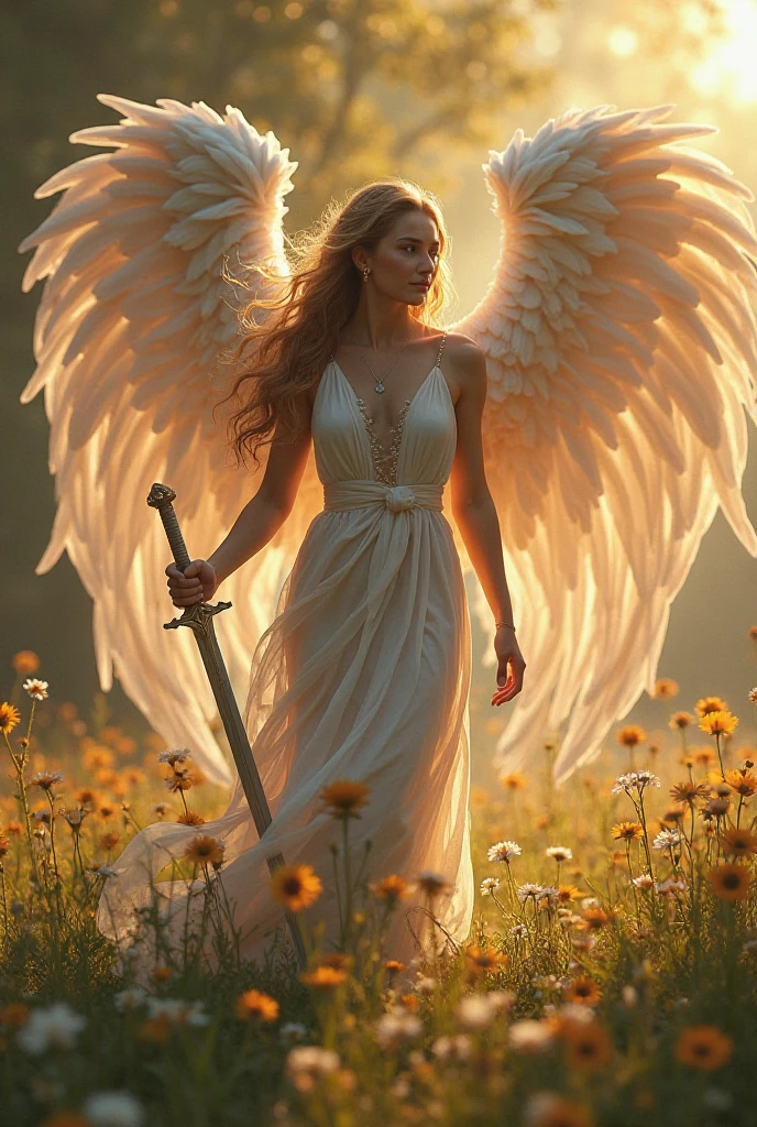 Create an ethereal digital work of art featuring a winged angel holding a staff with a sharp long knife at the end, on one side and a majestic tree bathed in sunrise/sunset light on the other side against a backdrop of an illuminated cloudy sky. realistic, cinematic
