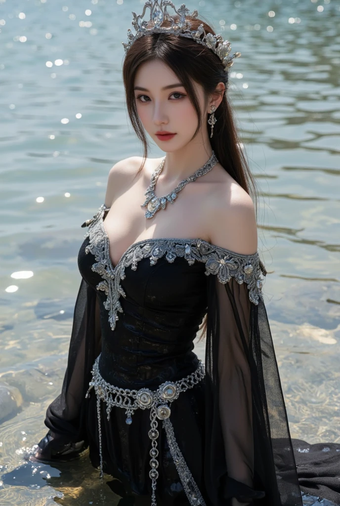 top-quality、​masterpiece、超A high resolution、8K、(Realistic:1.4)、Raw photo、1 17-year-old girl、ssmile、large boob、A slender、Gorgeous black dress with embellishments, Beautiful necklace, beautiful hair decoration、耳环、On the banks of the river