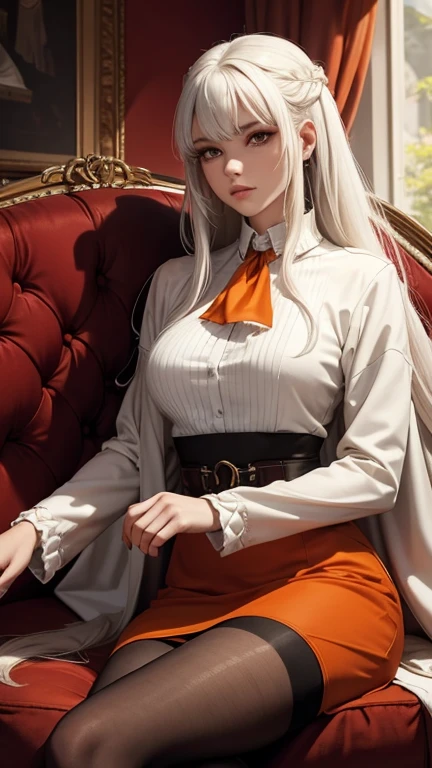 Excellent, masterpiece, white hair, golden eyes, red student suit, looking up, hair, fair skin, side braids, legs apart, clothes bulging,