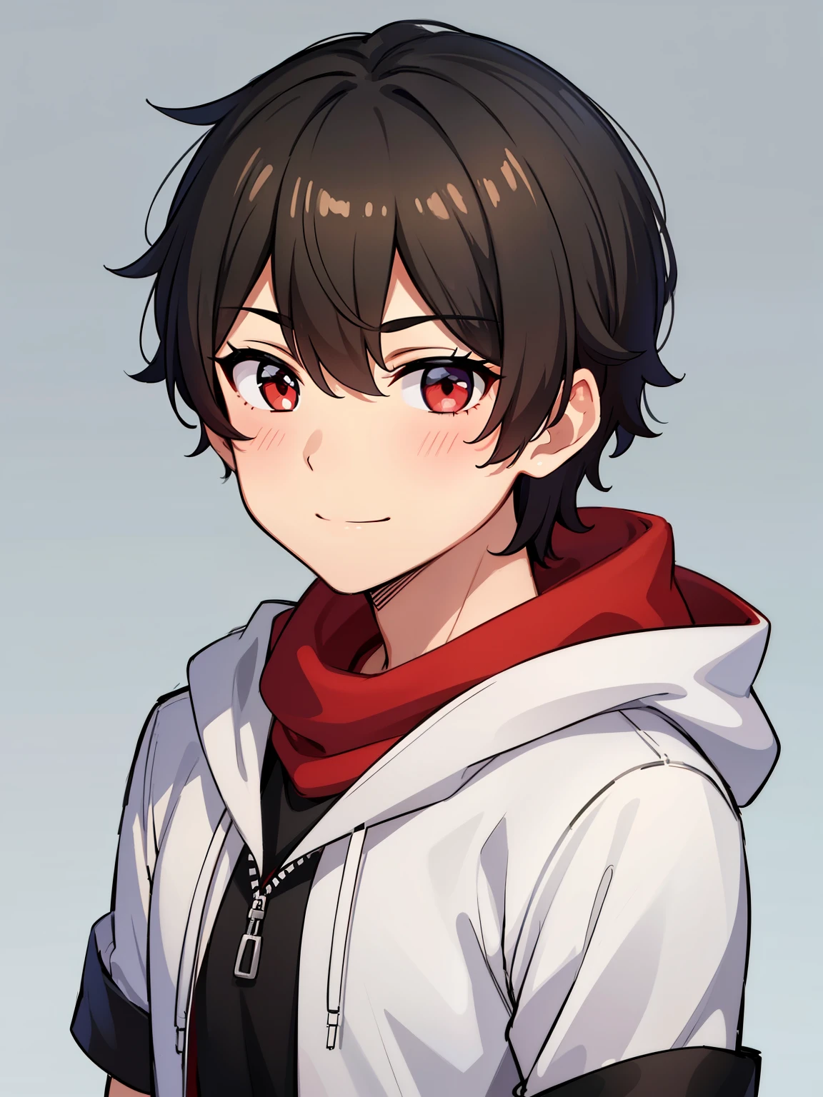 (high-quality, breathtaking),(expressive eyes, perfect face) portrait, 1boy, male, solo, young , black hair, red eye color, short hair length, soft wavy hair, cute smile, fluffy loose hair, side bangs, looking at viewer, portrait, medium full shot, happy expression, RWBY clothing, black hoodie, gold trim, white shirt, red scarf around neck, grey background, short sleeves
