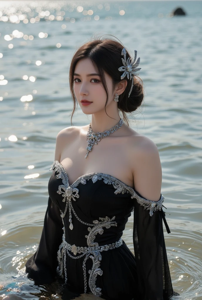 masterpiece, 4K, Bokeh, Realistic, High school students squatting on the beach, (Japanese Idols:1.6), Light brown long hair, Light brown eyes, Plump breasts, Looking at the audience, Blushed, close, (black gothic dress), (Jewelry decoration:1.2, Colorful gemstones:1.2), (The dress is decorated, Sequins), Sunset Coast, Beautiful sky and clouds