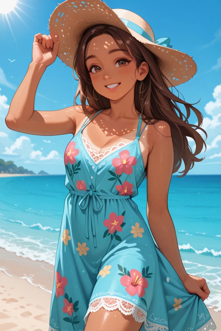 (best quality,4k,8k,highres,masterpiece:1.2),ultra-detailed,beautiful detailed eyes,beautiful detailed lips,extremely detailed eyes and face,long eyelashes,beautiful,
vivid colors,ultra-fine painting,sharp focus,physically-based rendering,warm tones,natural lighting,sun-kissed,wavy hair,summer,sexy,seaside,happy expression,bronzed skin,floral dress,beach background,joyful,relaxed,eyes sparkling with happiness.