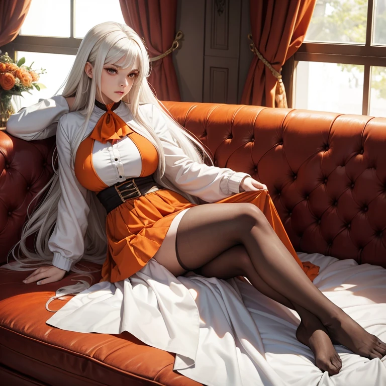 Masterpiece,Top quality,super detailing,Long-haired girl sitting on sofa,Pure white stockings,Fruit on the toes,Bad smile,The face is flushed
