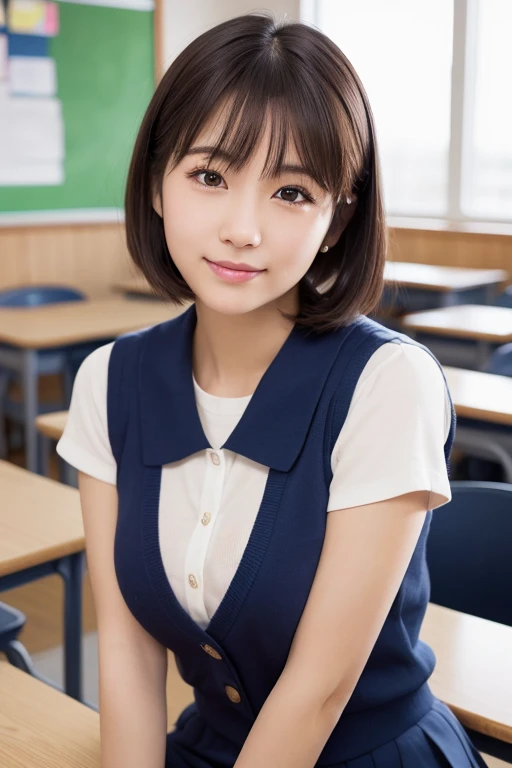 One girl,summer,classroom,machine,Sit down,Black Hair,Fluffy short hair,Dark blue tank top,skirt,Chest line,Small swelling in the chest,smile,6th grade elementary school,Handsome,Innocent,sense of cleanliness,front,Look here,transparent, Soft Light,(masterpiece, Highest quality), Structure of the film, Like a movie