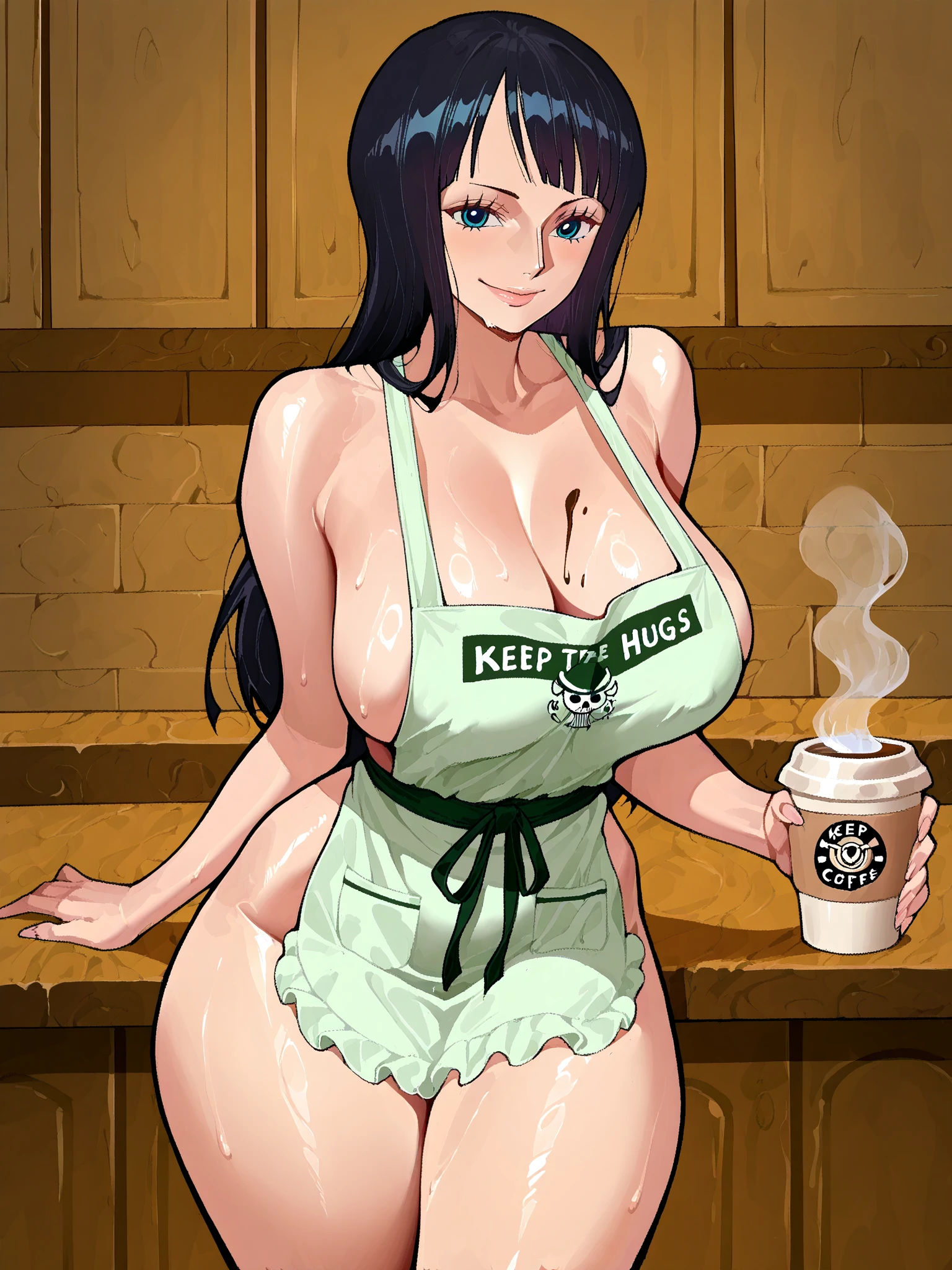 1milf, drag down apron showing juicy wet , poking nipples,, taking order from a costumer, lifted up apron exposing pussy, pubic hair, grone hair,, serving coffee, waitress, Starbucks waitress, standing, solo, long hair, huge flashy wet breasts, looking at viewer, blush, smile, bangs, blue eyes, black hair, cleavage, bare shoulders, sitting, collarbone, thighs, indoors, blunt bangs, huge breasts, apron, cup, thick thighs, curvy, wide hips, meme(my milf or cow milk), mature female, name tag, naked apron, white eyes, green apron, exposing pussy, pubic hair, grone hair,