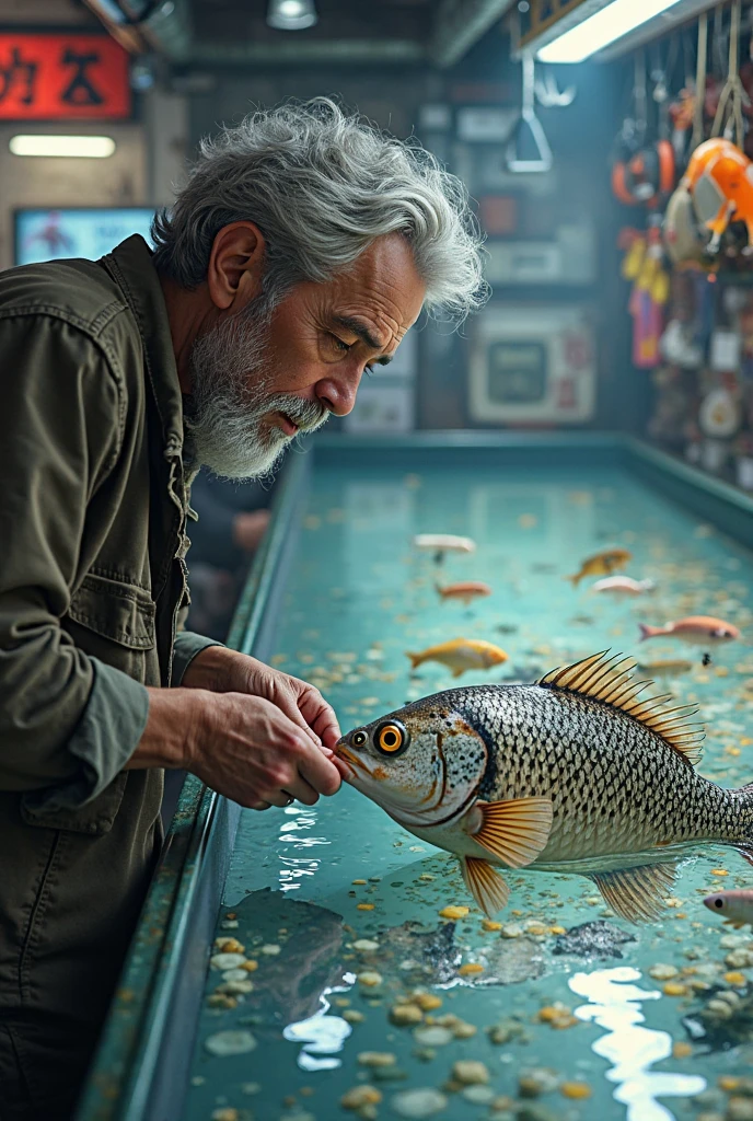 A man was soaking in a bathtub. And so many fish is swimming in bathtub.