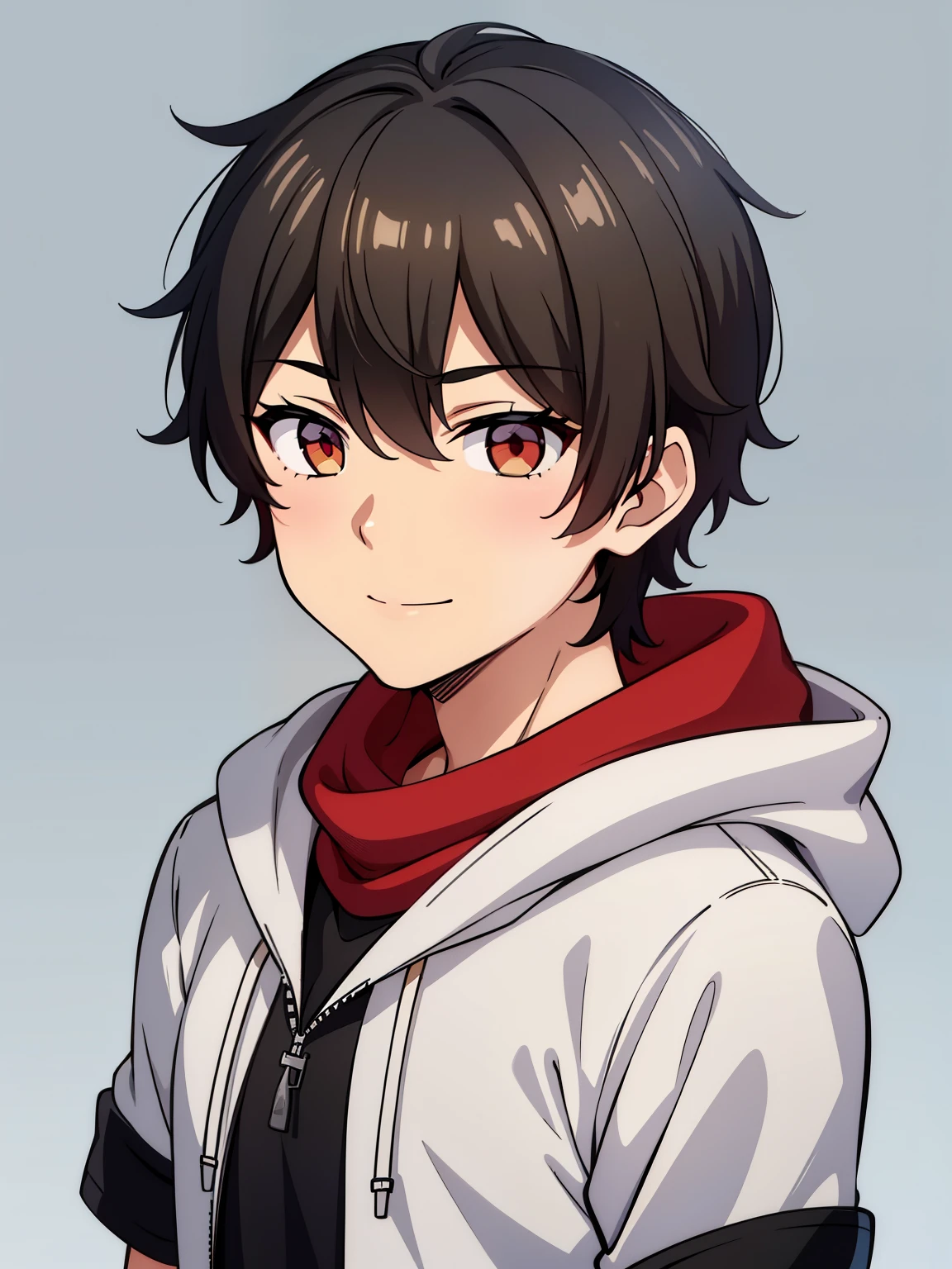 (high-quality, breathtaking),(expressive eyes, perfect face) portrait, 1boy, male, solo, young , black hair, red eye color, short hair length, soft wavy hair, cute smile, fluffy loose hair, side bangs, looking at viewer, portrait, medium full shot, happy expression, RWBY clothing, black hoodie, gold trim, white shirt, red scarf around neck, grey background, short sleeves