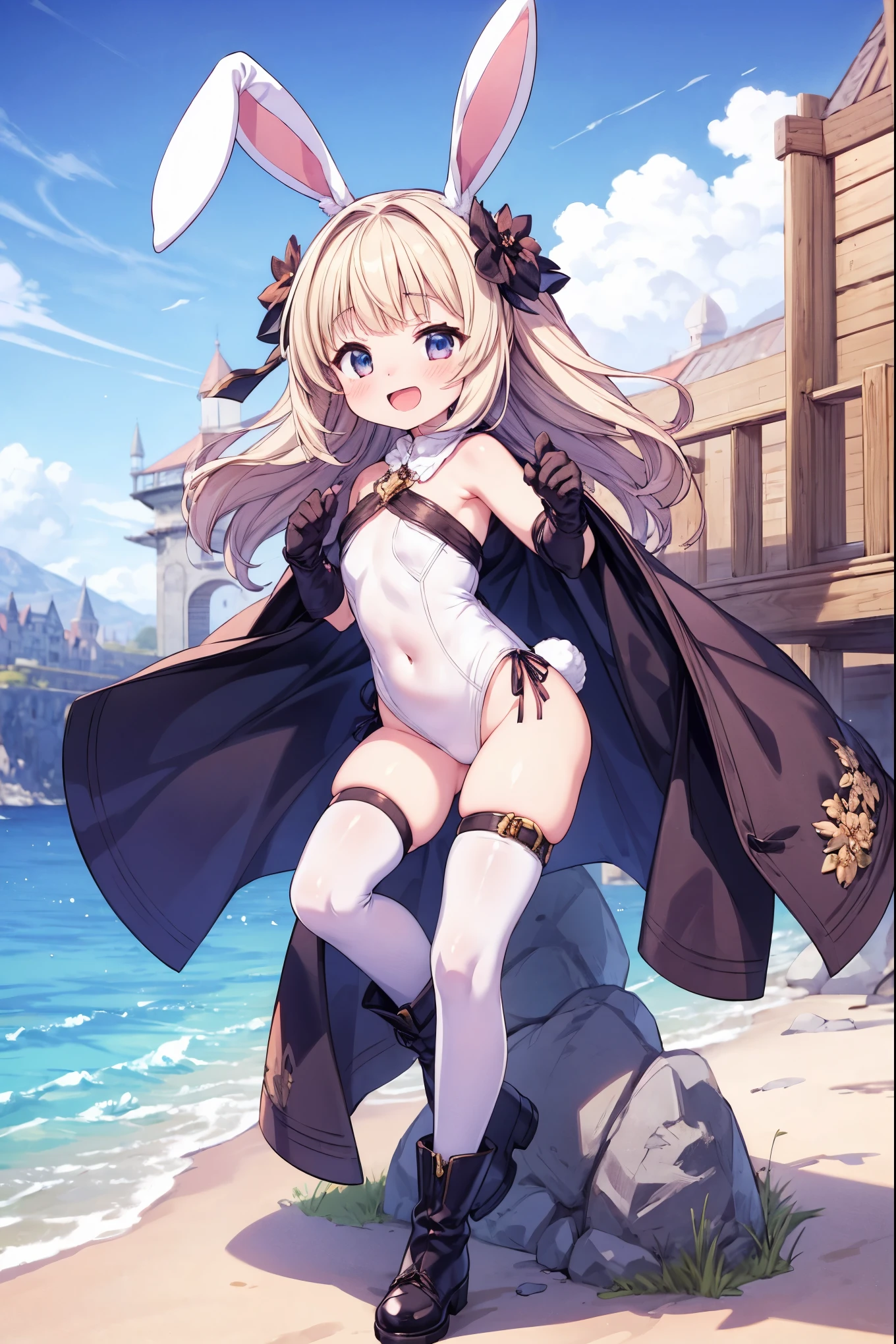 GRANBLUEfantasy,ung_teeirl,brown_hair,medium_bob_hair,platina_blond_hair,white_leotard,covered_crotch,thigh-highs,smile,standing,bluesky_landscape_background,slightly_spread_legs,happiness, short_gloves ,solo, r18, navel,relicbuster,short,boots,open_mouth,sitting,knees,blush,shy,piledriver,(crotch:1.3),solo,