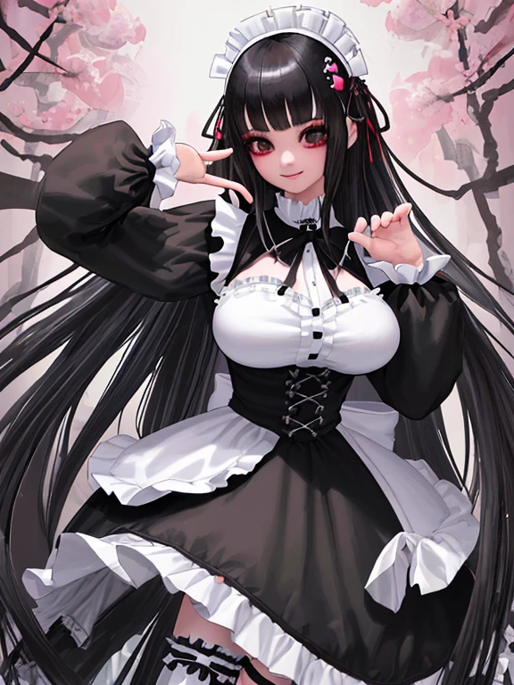 1girl, black long hair, maid outfit, net stockings, long detached wide sleeves, shy pose, medium breasts, thin waist, cute, cute makeup, bright eyes, long eyelashes, heavy eyeshadow, pink lipstick, heavy makeup, backlit, high quality, detailed, hyper detailed, highly detailed, masterpiece, studio lighting, vibrant colors