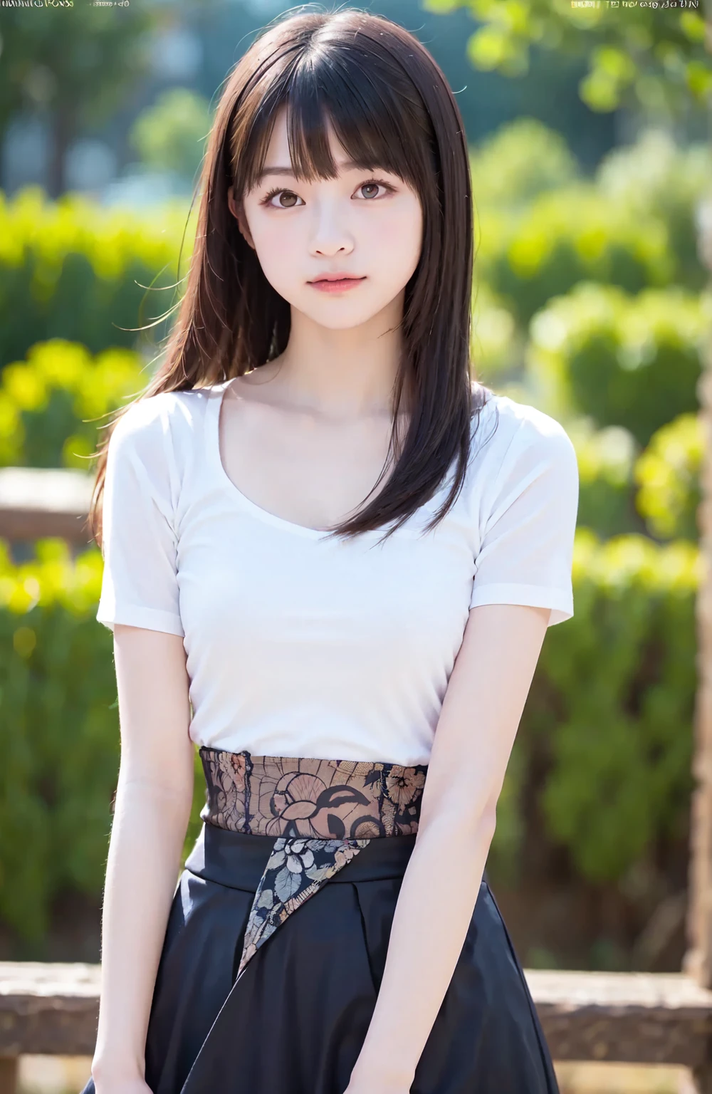 teenager girl wearing black tank top and skirt in park, black hair, black eyes, perfect face, small beast, white skin, 15 year old