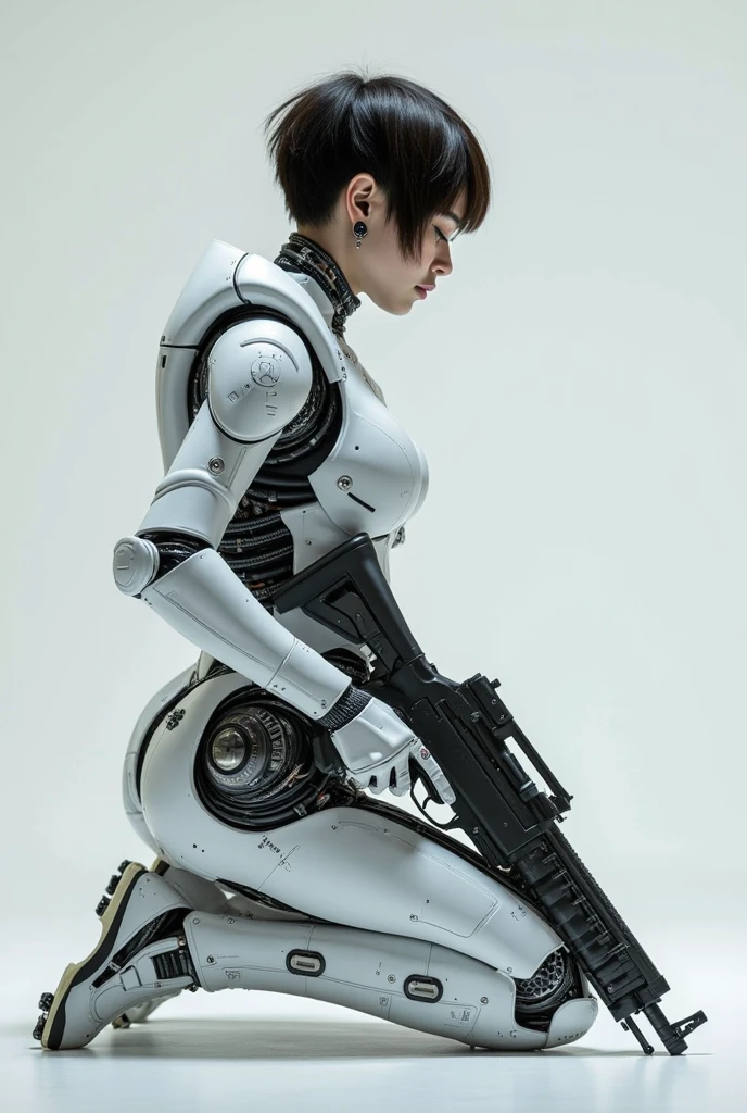 Cyberpunk female soldier kneeling, holding assault rifle, white ...