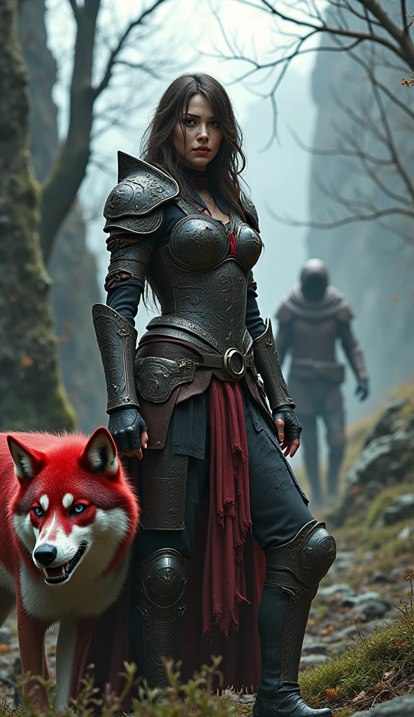 arafed woman in black plunge neck leather outfit walking through a lava field with a large black hell hound by her side, in style of dark fantasy art, epic fantasy digital art style, diablo 4 lilith, epic fantasy art style hd, 4k fantasy art, epic fantasy digital art, epic fantasy character art, a very beautiful berserker woman, of a beautiful female knight, beautiful female warrior, epic fantasy art style