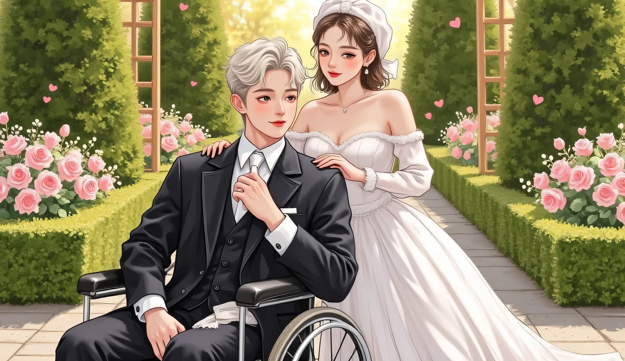 A semi-realistic manhwa-style romantic comedy book cover set in a luxurious garden. A gorgeous young woman in a white wedding dress with Douyin-style makeup — glossy lips, rosy cheeks, and soft lashes — stands behind a handsome man seated in a wheelchair. He has pale skin, silver-blond hair, sharp features, and wears a tailored dark suit. He looks to the side with a cold yet slightly amused expression. The girl smiles slyly, her hand resting lightly on the wheelchair’s handle. Behind them is a blooming garden with trimmed hedges, roses, and soft golden sunlight. The mood is elegant, romantic, and subtly humorous