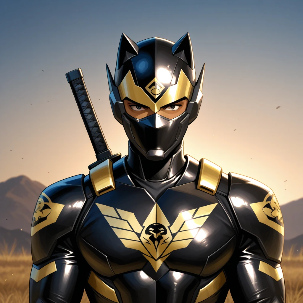 A Black Male African American Super Anti-Hero Ninja Vigilante Name Lionblaze With His Black And Gold Ninja Power Armor Suit And A Ninja Cover Mask And With A Lion on His Chest Action Adventure Thriller Dark Superhero Martial Arts Cinematic Realistic HD 4K ULTRA Edgy Style Look Japanese Anime Version