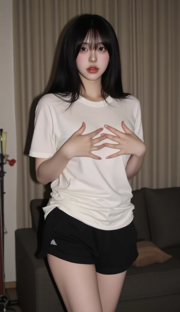White tight shirt、White tight mini skirt、a bed、a smile、shortsleeves、high-level image quality