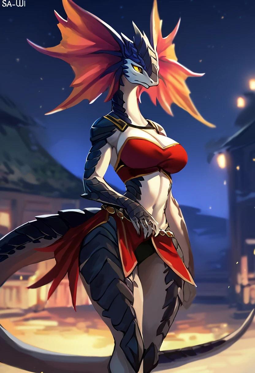 (Masterpiece, best quality, realistic:1), furry, female, standing - style sexy, hands on leg, posing handsome, sky, night, expressive, female, (bokeh:1.3), depth of field,(Dragon:1), nice hands, perfect hands, blush, black skin, red inner chest, only red hair, red eyes, blue horns,