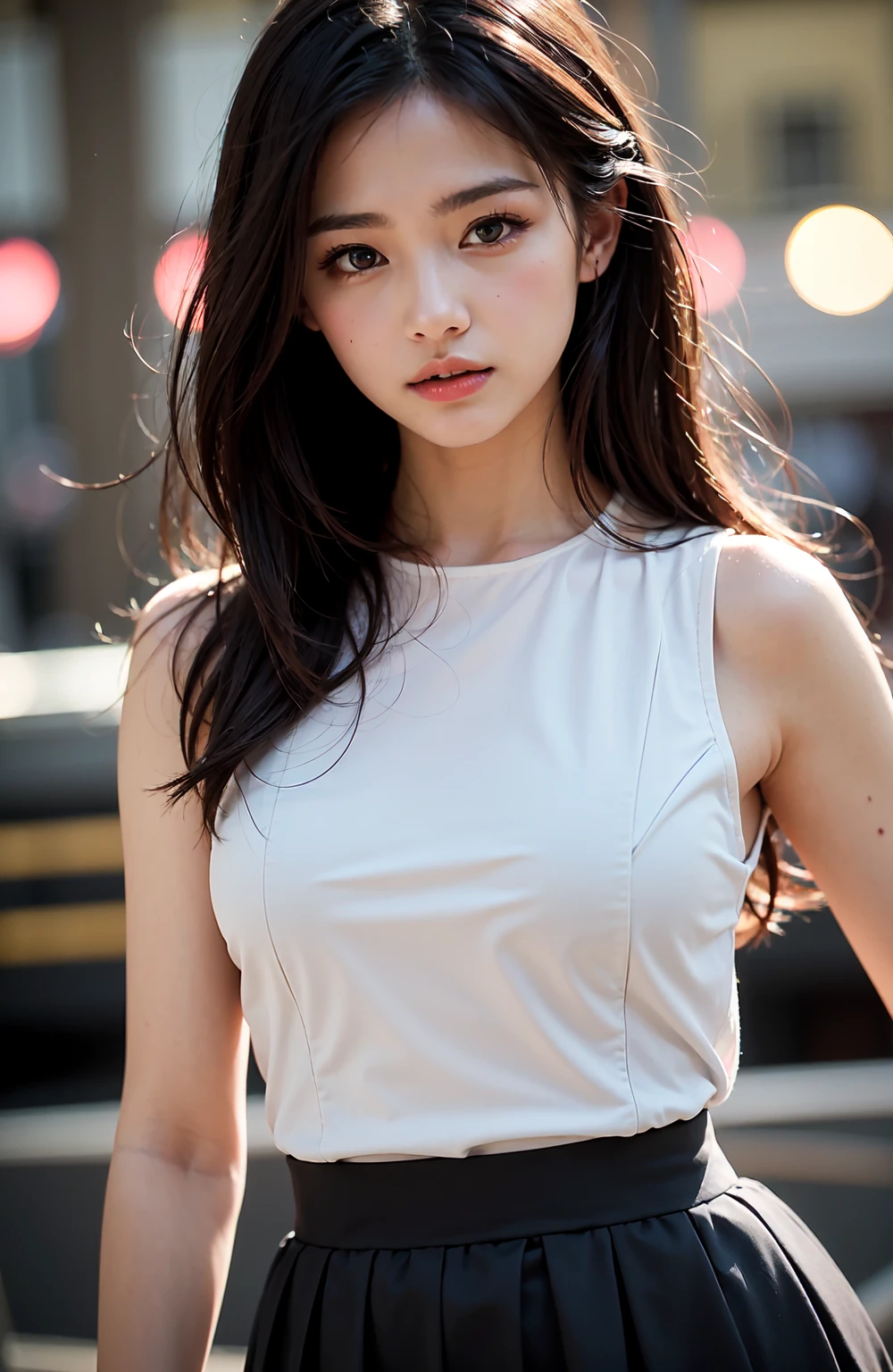 Japan Girl,beautiful girlfriend,a beauty,Raw foto,8K,morning sun lighting,Gray T-shirt and jeans miniskirt,Smooth long hair,A dark-haired,A detailed face,Detailed skin,Detailed eyes,(Slim body:1.3), girl in,About 23 years old,