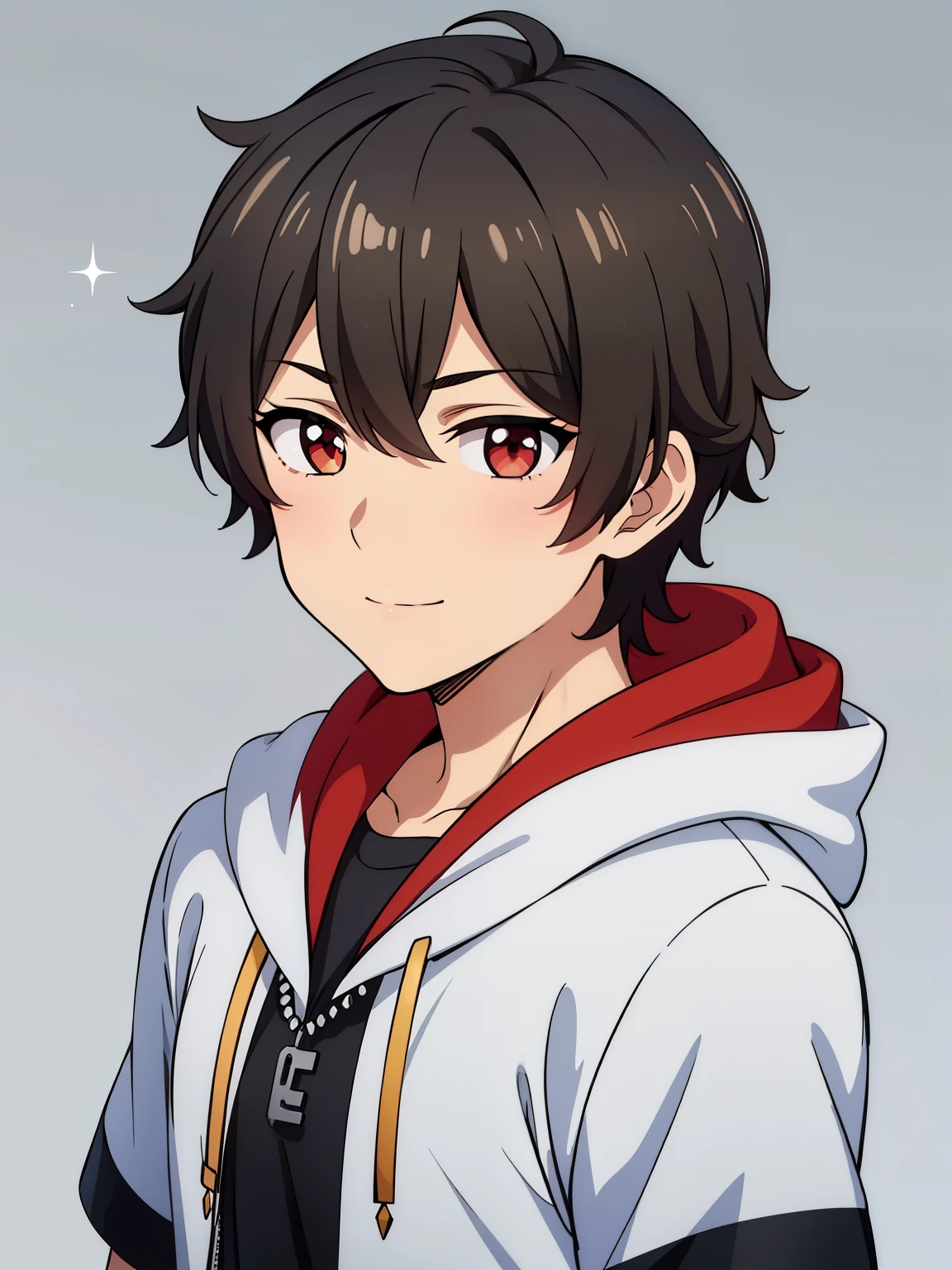 (high-quality, breathtaking),(expressive eyes, perfect face) portrait, 1boy, male, solo, young , black hair, red eye color, short hair length, soft wavy hair, cute smile, fluffy loose hair, side bangs, looking at viewer, portrait, medium full shot, happy expression, RWBY clothing, black hoodie, gold trim, white shirt, red scarf around neck, grey background, short sleeves