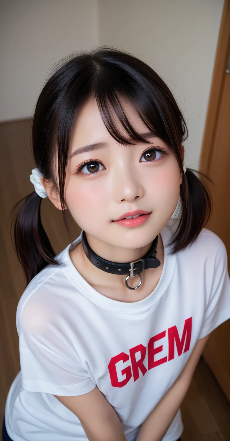 pastel colors camisole,midriff peek,short shorts,(open mouth:1.5),(tongue out:2),Kneeling,Standing Upright,Hands Behind Back,Collar with leash,front view,face focus,from above(1girl,Beautiful 14 year old girl,ager),((Slender,Small breasts,Small face,)),(looking at viewer),Black Hair,bangs,one side up,Beautiful and detailed,(dim:1.5),White bed