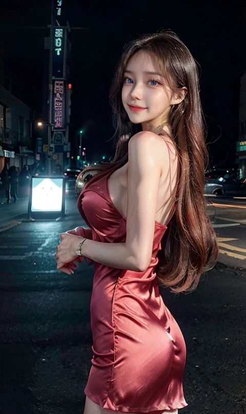 masterpiece,best quality,realistic,photorealistic,8k hdr,highres,RAW photo,cinematic lighting,pin light, (((1girl, solo))),((famous kpop idol mix, glamour, cute, sexy)),wide shot,cowboy shot, ((sagging breasts:1.5, large breasts:1.4, breasts apart:1.3)),(large pelvis, wide hips, belly, groin),(rouge cheek:1.5), (red and cowl neck dress),earrings,necklace,bracelet,thighhighs,high heels, (Tokyo, shinjuku, street, outdoors, night, neon lights),
 T shirt name Ravi love Rinky  