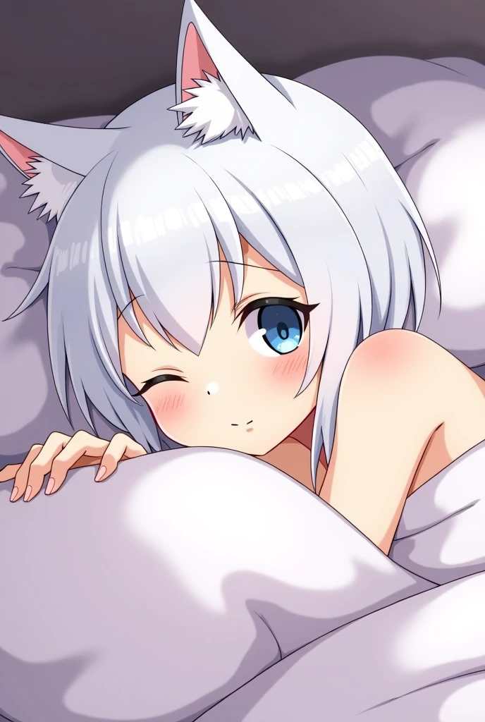 1girl, (wolf girl, wolf ears, wolf tail, (silver white hair)), hair clip, (hair cover eye), long eyeslashes, eyeliner, (((small breasts, nude, no clothes pink nipples. pussy))), solo, (((blue_eyes))), full body, ((wariza pose)), worried, sad expression, melancholic look, portrait, close-up, white_background, face, closed_mouth, looking_at_viewer, blush:1.5, anime_coloring, smile, eyelashes, shiny, ((((short_hair)))), light_smile, 1970s_(style), head_tilt, detailed shadows, (black-and-white), (monotone_strong contrasts).