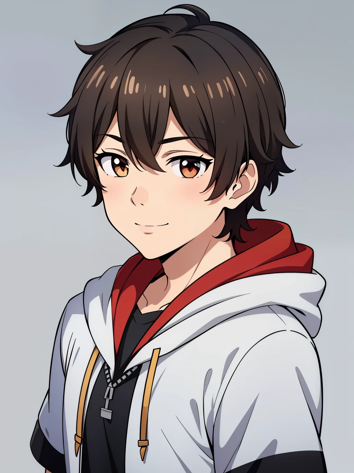 (high-quality, breathtaking),(expressive eyes, perfect face) portrait, 1boy, male, solo, young , black hair, red eye color, short hair length, soft wavy hair, cute smile, fluffy loose hair, side bangs, looking at viewer, portrait, medium full shot, happy expression, RWBY clothing, black hoodie, gold trim, white shirt, red scarf around neck, grey background, short sleeves
